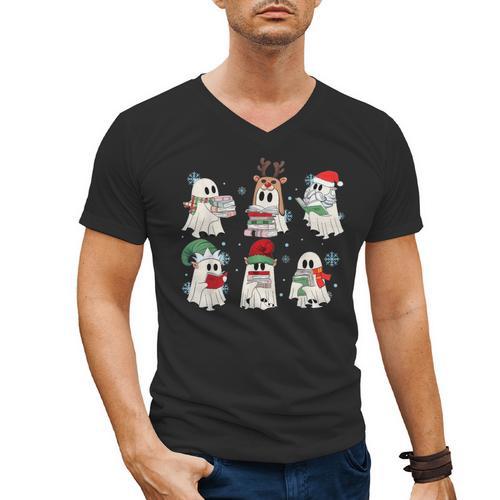 Ghost Santa Elf Squad Read Books Bookish Librarian Christmas Men's V-Neck T-Shirt - Bookorys