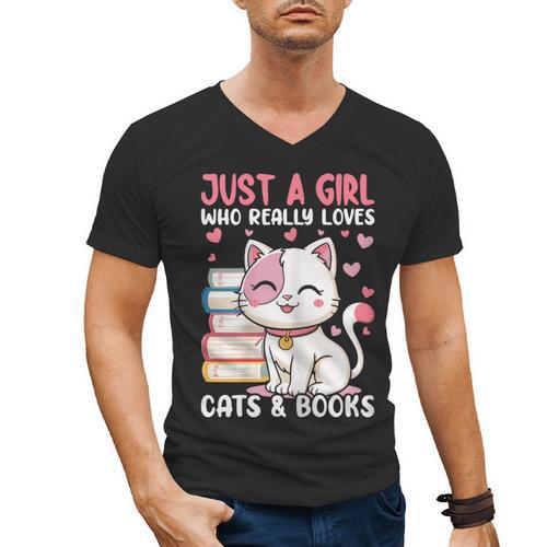 Girl Who Loves Cats And Books Cute Men's V-Neck T-Shirt - Bookorys