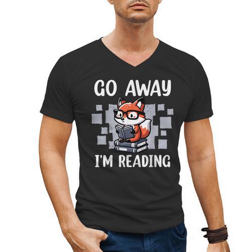 Go Away I'm Reading Book Reader Cute Fox Loves Books Men's V-Neck T-Shirt - Bookorys