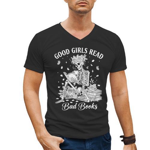 Good Girls Read Bad Books Skeleton Reading Book Halloween Men's V-Neck T-Shirt - Bookorys DE