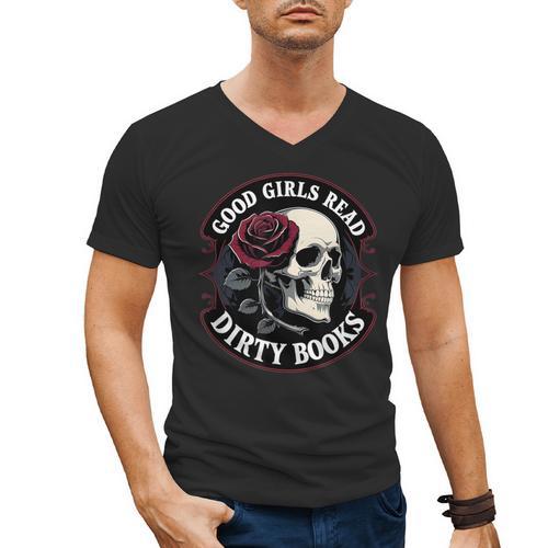 Good Girls Read Dirty Books Smut Reader Dark Romance Skull Men's V-Neck T-Shirt - Bookorys