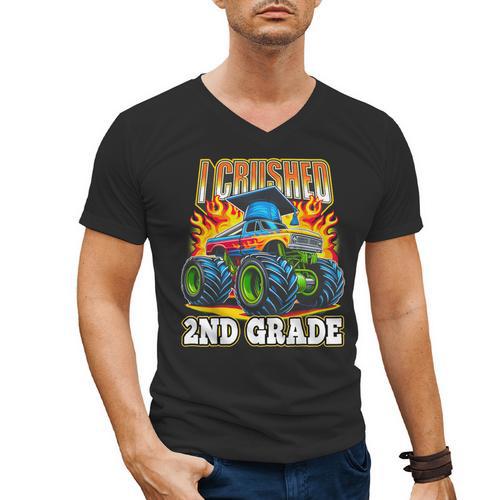 Graduation 2nd Grade Monster Truck Boys I Crushed Grad Men's V-Neck T-Shirt - Best Gift Smart