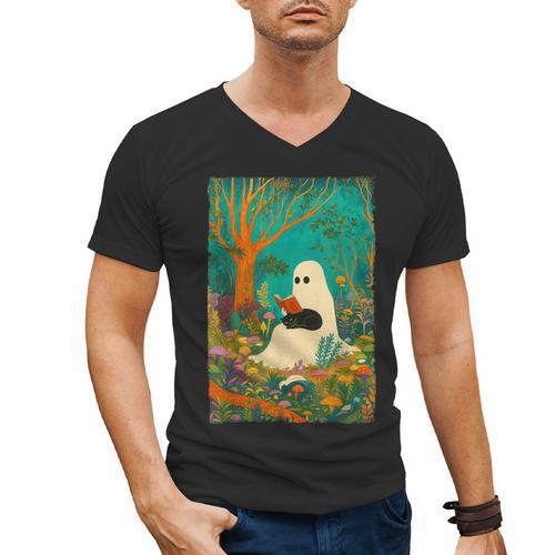 Groovy Ghost Reading Book Cat Halloween Ghost Teacher Men's V-Neck T-Shirt - Bookorys AU