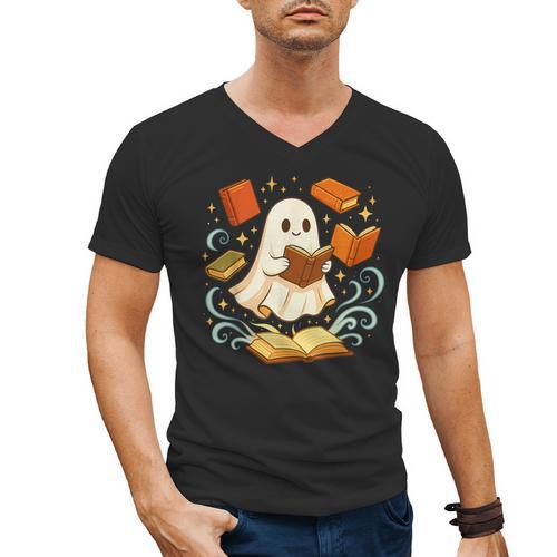 Halloween Cute Ghost Shirt Reading Books Ghost Men's V-Neck T-Shirt - Bookorys DE