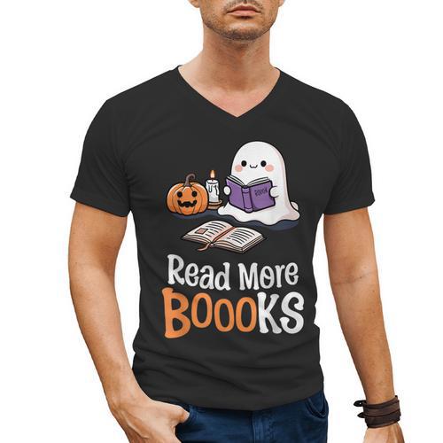 Halloween Teacher Women Cute Reading Ghost Read More Books Men's V-Neck T-Shirt - Bookorys