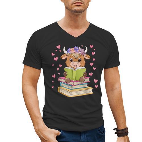 Highland Cow Reading Book Floral Bookworm Men's V-Neck T-Shirt - Bookorys