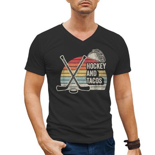 Hockey And Tacos Retro Nostalgia Lovers Men's V-Neck T-Shirt - Figerry