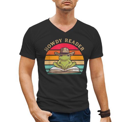 Howdy Reader Frog Reading Book Vintage Men's V-Neck T-Shirt - Bookorys