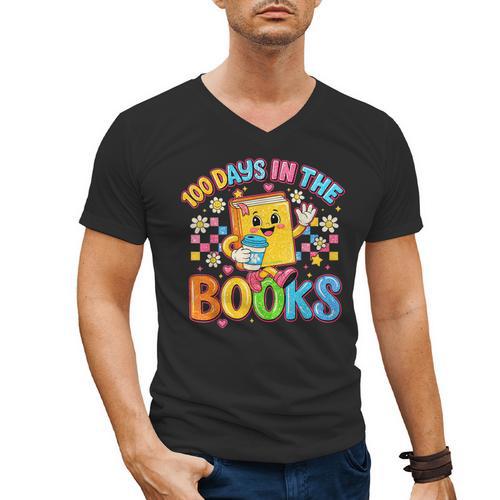 HUGvyn Preppy 100 Days In The Books Teacher Reading Coffee Men's V-Neck T-Shirt - Bookorys