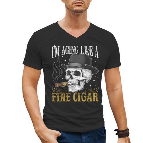 I'm Aging Like a Fine Cigar Skull Dad Retro Adult Men's V-Neck T-Shirt - Father's Day Fun