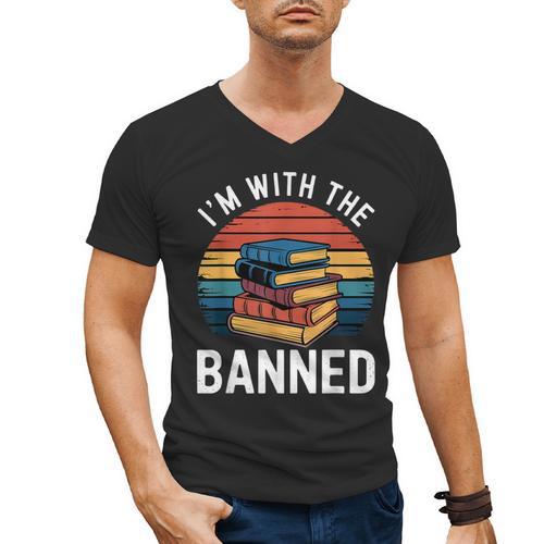 I'm With The Banned Stack Of Books Vintage Sunset Retro Men's V-Neck T-Shirt - Bookorys