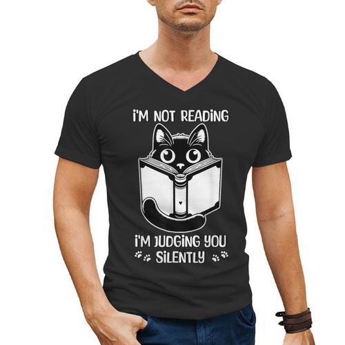 I’m Not Reading I’m Judging You Silently Fun Cat Book Lover Men's V-Neck T-Shirt - Bookorys AU