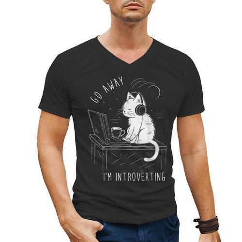 Introvert Cat With Coffee On Computer Antisocial Emo Goth Men's V-Neck T-Shirt - Raresse