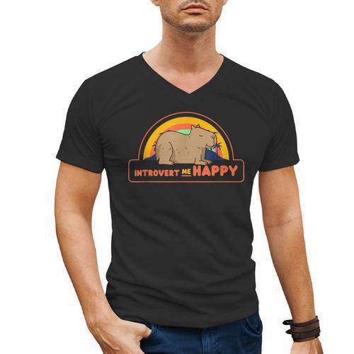 Introvert Me Happy Retro Sunset Capybara Tee Men's V-Neck T-Shirt - Raresse