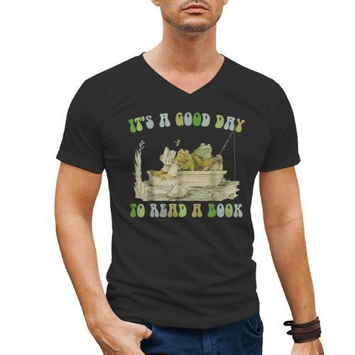 It's A Good Day To Read A Book Shirt Frog Reading Book Men's V-Neck T-Shirt - Bookorys