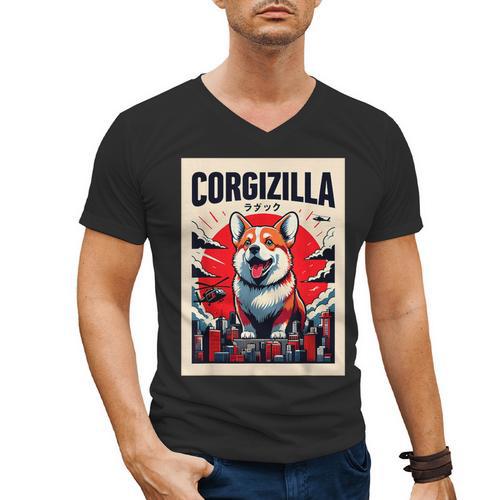 Japanese Art Corgi Dog Mom Dad Men's V-Neck T-Shirt - Father's Day Fun