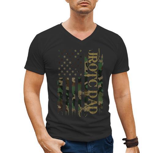 JROTC Dad United States Distressed Camo w US Flag Men's V-Neck T-Shirt - Father's Day Fun