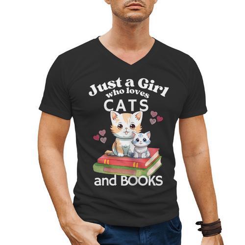 Just A Girl That Loves Cats And Books Cute Cat & Bookwork Men's V-Neck T-Shirt - Bookorys