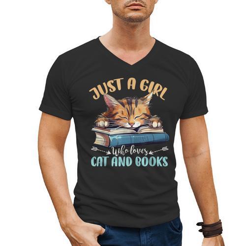 Just a Girl Who Loves Cats And Books Kitties Pet Art Lover Men's V-Neck T-Shirt - Bookorys AU