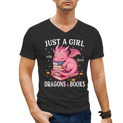 Just A Girl Who Loves Dragons And Books Dragon Reading Lover Men's V-Neck T-Shirt - Bookorys