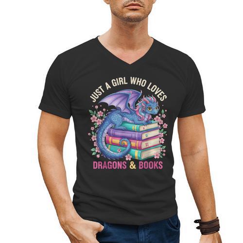 Just a Girl Who Loves Dragons And Books Dragon Reading Men's V-Neck T-Shirt - Bookorys DE
