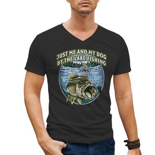 Just Let Me And My Dog By Lake Fishing Introvert Lifestyle Men's V-Neck T-Shirt - Raresse