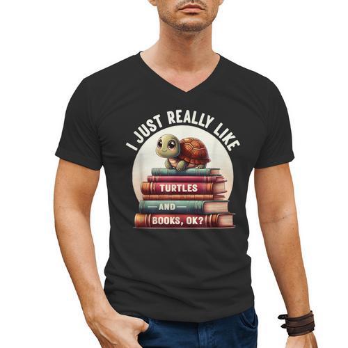 I Just Really Like Turtles And Books OK Turtle Reading Men's V-Neck T-Shirt - Bookorys CA