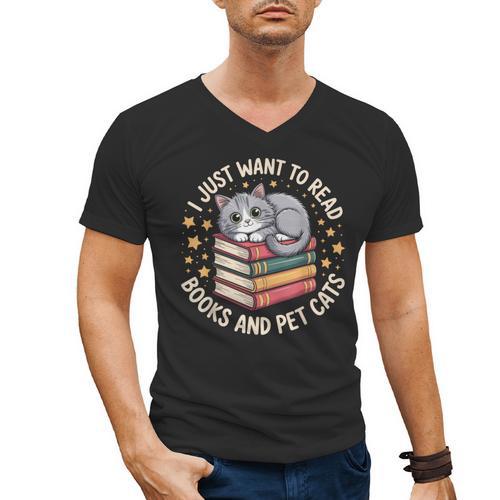 I Just Want To Read Books And Pet Cats Cat And Book Men's V-Neck T-Shirt - Bookorys