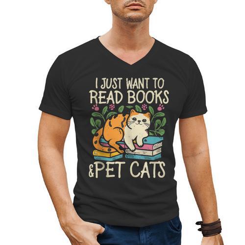 I Just Want To Read Books And Pet Cats Introvert Men's V-Neck T-Shirt - Raresse