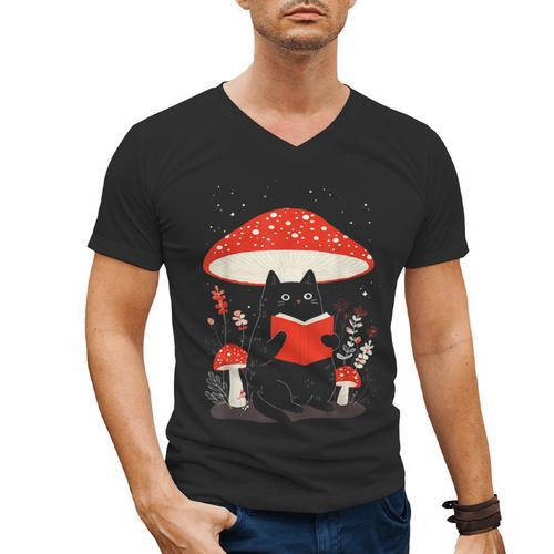 Kawaii Cottagecore Mushroom Cat Reading a Book Men's V-Neck T-Shirt - Bookorys AU