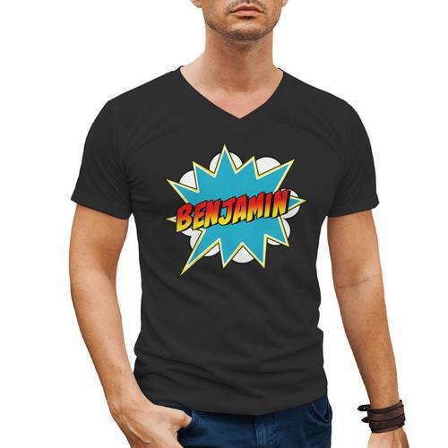 Kids Boys Benjamin Name Personalized Superhero Comic Book Men's V-Neck T-Shirt - Bookorys