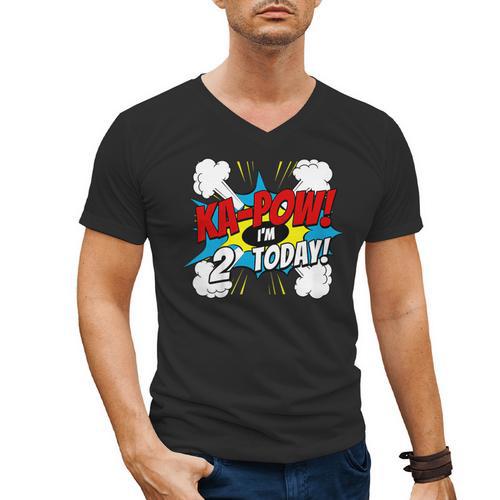 Kids Ka-Pow 2 Years Old Kids 2nd Birthday Comic Book Super Hero Men's V-Neck T-Shirt - Bookorys CA