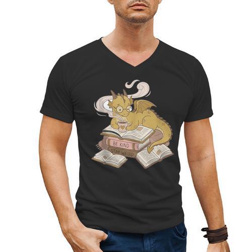 Be Kind Stay Weird Read Books Cute Dragon Men's V-Neck T-Shirt - Bookorys AU