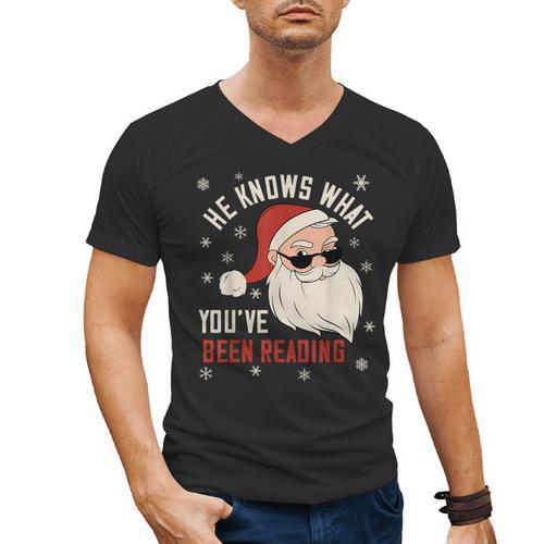 He Knows What You'Ve Been Reading Book Lover Women Santa Men's V-Neck T-Shirt - Bookorys CA