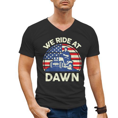 Lawn Mowing We Ride At Dawn Father Day Care Mower Dad Men's V-Neck T-Shirt - Father's Day Fun