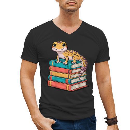 Leopard Gecko Book Lover Reading Men's V-Neck T-Shirt - Bookorys DE