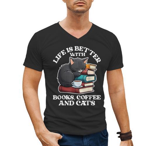 Life Is Better With Books Cats & Coffee Librarian Book Lover Men's V-Neck T-Shirt - Bookorys DE