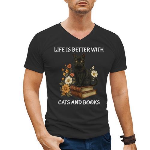 Life Is Better With Cats And Books Cute Cat Lover For Men Women Kids Men's V-Neck T-Shirt - Bookorys AU