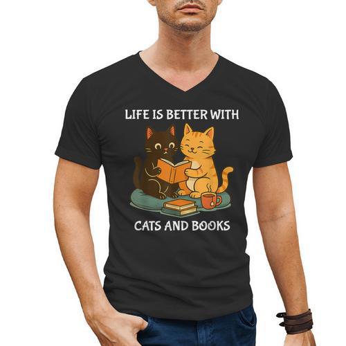Life Is Better With Cats And Books Cute Cat Lover Men's V-Neck T-Shirt - Bookorys