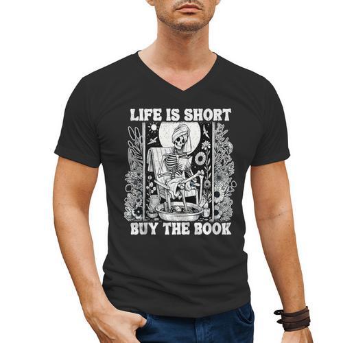 Life Is Short Buy The Book Introvert Skeleton Reading Men's V-Neck T-Shirt - Raresse