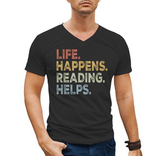 Life Happens Reading Helps Book Lovers Vinage Men's V-Neck T-Shirt - Bookorys CA