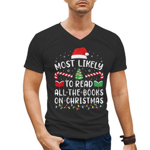 Most Likely To Read A Book On Christmas Family Matching Xmas Men's V-Neck T-Shirt - Bookorys CA