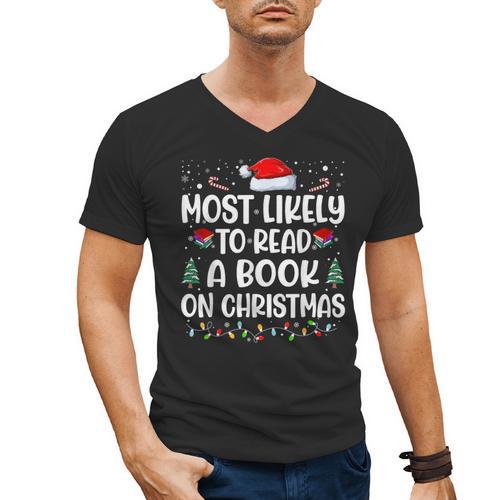Most Likely To Read A Book On Christmas Matching Family Xmas Men's V-Neck T-Shirt - Bookorys DE
