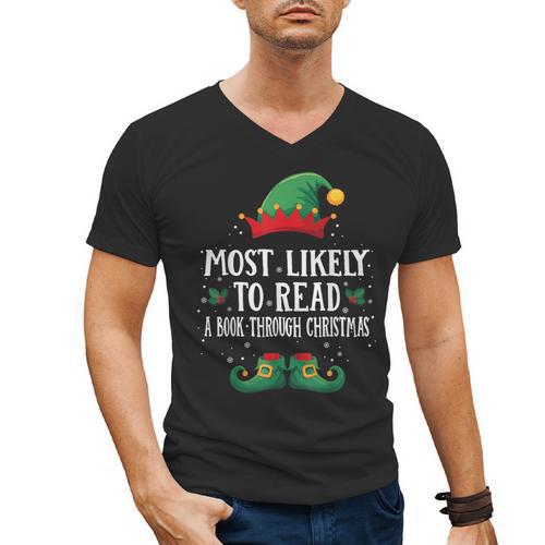 Most Likely To Read A Book Matching Christmas Elf Men's V-Neck T-Shirt - Bookorys UK