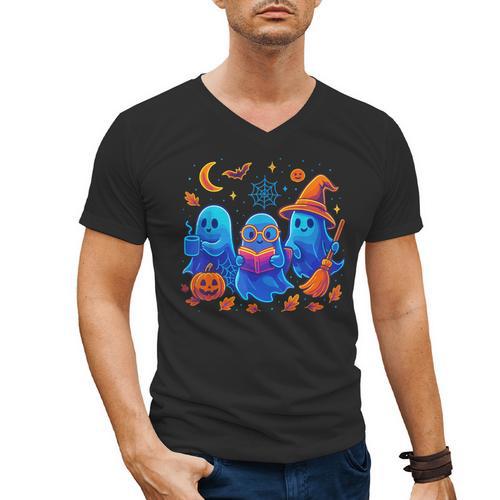 Little Ghost Coffee Tee Spooky Season Ghost Reading Book Men's V-Neck T-Shirt - Bookorys
