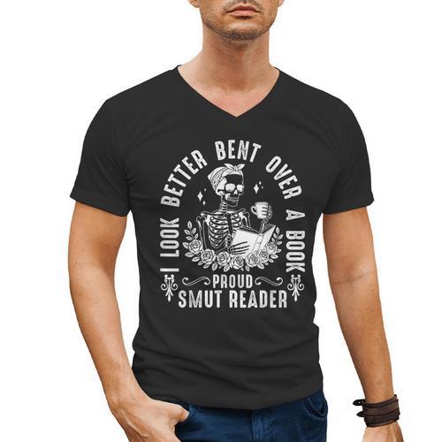 I Look Better Bent Over a Book Proud Smut Reader Skeleton Men's V-Neck T-Shirt - Bookorys