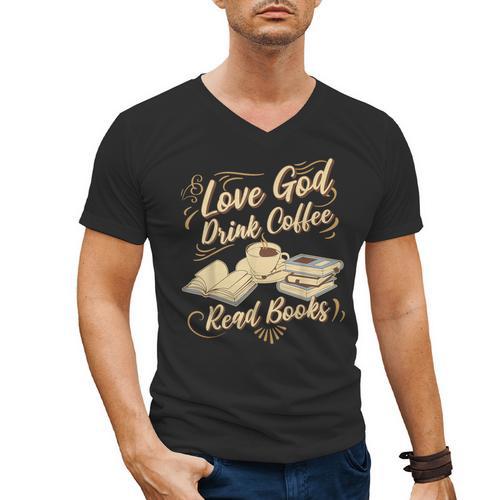 Love God Drink Coffee Read Books Christian Tee Men's V-Neck T-Shirt - Bookorys