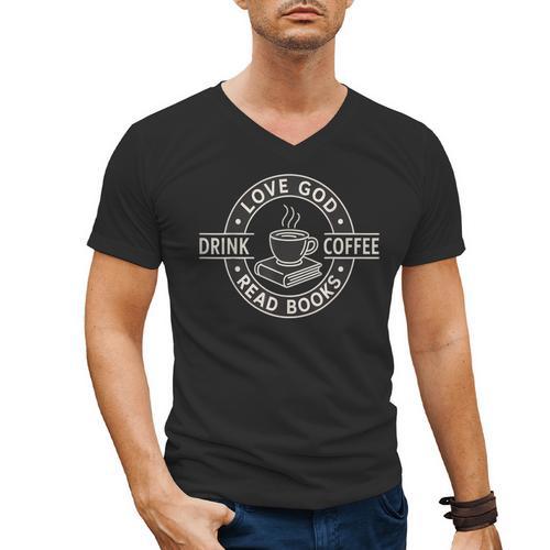 Love God Drink Coffee Read Books Lover Christian Vintage Men's V-Neck T-Shirt - Bookorys