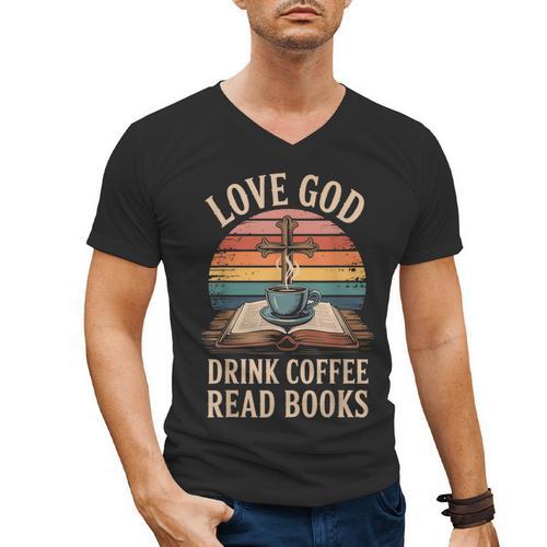 Love God Drink Coffee Read Books Men's V-Neck T-Shirt - Bookorys CA
