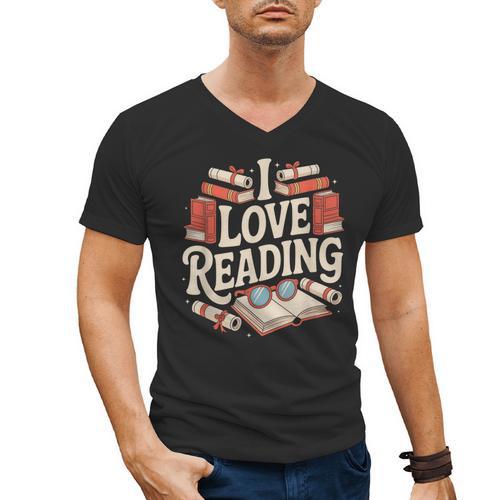 I Love Reading Books Literature Enthusiast Fun Men's V-Neck T-Shirt - Bookorys DE